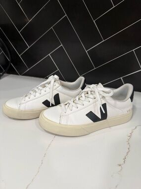 Veja White Leather Sneakers with Black V Accent